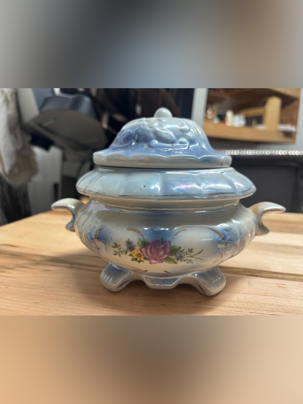 Vintage Iridescent Blue Floral Ceramic Covered Dish